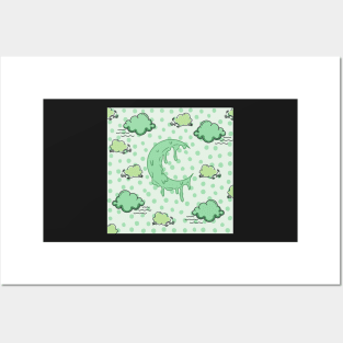 melting crescent moon cloud night green polka dots Posters and Art